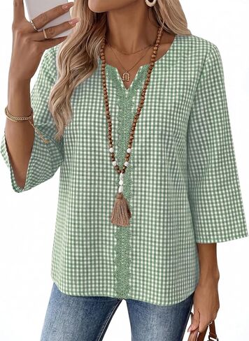 AKEWEI Womens 3/4 Sleeve Cotton Linen V Neck Lace Tops Casual Loose Fit Summer Fall Blouses Boho Fashion in Saudi Arabia