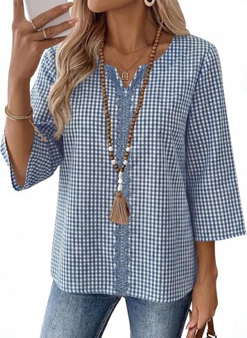 AKEWEI Womens 3/4 Sleeve Cotton Linen V Neck Lace Tops Casual Loose Fit Summer Fall Blouses Boho Fashion in Saudi Arabia