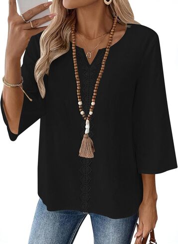AKEWEI Womens 3/4 Sleeve Cotton Linen V Neck Lace Tops Casual Loose Fit Summer Fall Blouses Boho Fashion in Saudi Arabia