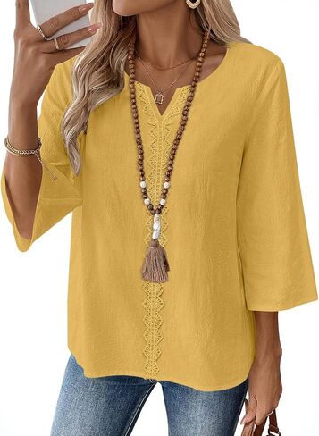 AKEWEI Womens 3/4 Sleeve Cotton Linen V Neck Lace Tops Casual Loose Fit Summer Fall Blouses Boho Fashion in Saudi Arabia