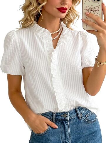 KASBAH Womens Short Puff Sleeve Shirt Summer Striped Button Down Shirt Women Puffy Sleeves Tops for Women Ruffle Tops in Saudi Arabia