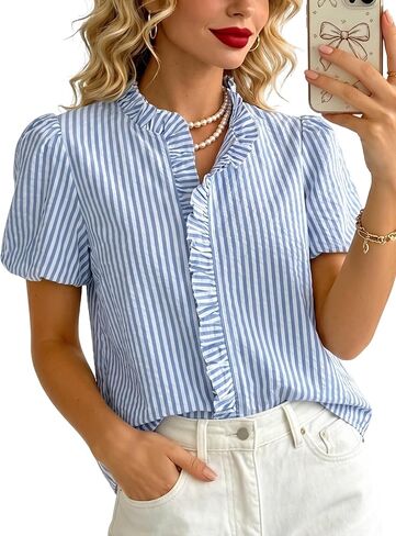 KASBAH Womens Short Puff Sleeve Shirt Summer Striped Button Down Shirt Women Puffy Sleeves Tops for Women Ruffle Tops in Kuwait