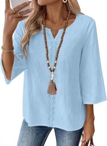 AKEWEI Womens 3/4 Sleeve Cotton Linen V Neck Lace Tops Casual Loose Fit Summer Fall Blouses Boho Fashion in Saudi Arabia