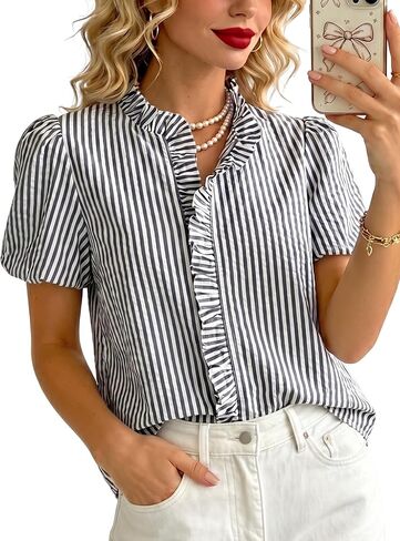 KASBAH Womens Short Puff Sleeve Shirt Summer Striped Button Down Shirt Women Puffy Sleeves Tops for Women Ruffle Tops in Saudi Arabia