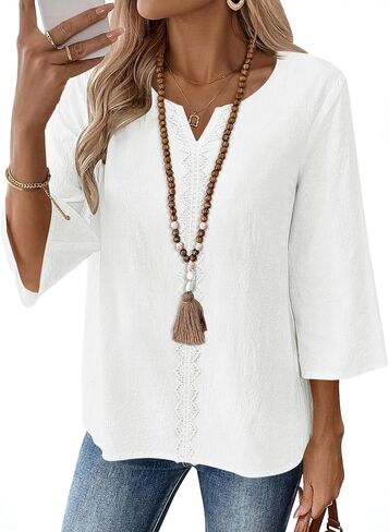 AKEWEI Womens 3/4 Sleeve Cotton Linen V Neck Lace Tops Casual Loose Fit Summer Fall Blouses Boho Fashion in Saudi Arabia