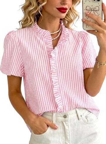 KASBAH Womens Short Puff Sleeve Shirt Summer Striped Button Down Shirt Women Puffy Sleeves Tops for Women Ruffle Tops in Saudi Arabia