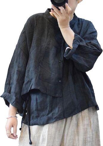 LZJN Women's Linen Asymmetrical Shirt Irregular Hem Top Vintage Stand Collar Long Sleeves Casual Loose Button Blouse Shirts in Saudi Arabia