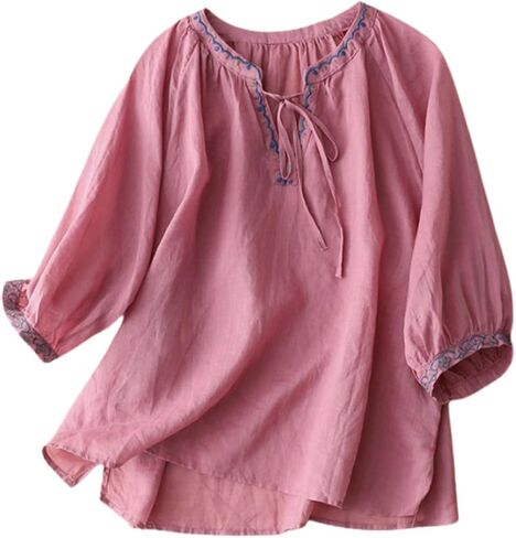 Women's Cotton Linen Tie V Neck Blouse 3/4 Puff Sleeve Peasant Embroidered Boho Top Lightweight Casual Summer Blouse in Kuwait
