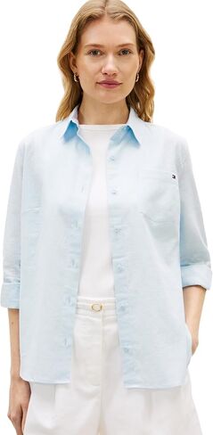 Tommy Hilfiger Women's Lightweight Linen Long Sleeve Button Down Shirt in Regular Fit with Roll Up Sleeve Linen Blouse in Kuwait