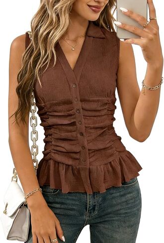 EUOW Women Button Up Ruffle Shirts Summer Sleeveless Tank Tops Casual V Neck Trendy Top Blouse in Saudi Arabia