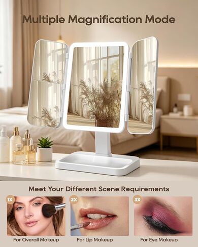BWLLNI Trifold Vanity Mirror with Lights, Diamond Lattice Makeup Mirror, 2X/3X Magnification, 3 Colors Dimmable, 270° Rotation, Height Adjustable Stand, Storage Base, Present for Women in Kuwait