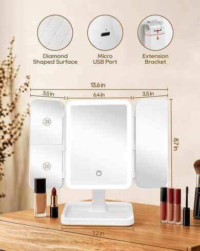 BWLLNI Trifold Vanity Mirror with Lights, Diamond Lattice Makeup Mirror, 2X/3X Magnification, 3 Colors Dimmable, 270° Rotation, Height Adjustable Stand, Storage Base, Present for Women in Kuwait