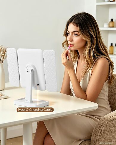 BWLLNI Trifold Vanity Mirror with Lights, Diamond Lattice Makeup Mirror, 2X/3X Magnification, 3 Colors Dimmable, 270° Rotation, Height Adjustable Stand, Storage Base, Present for Women in Kuwait