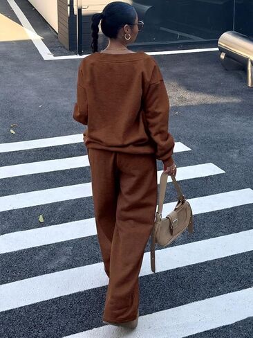 Womens 2 Piece Set Lounge Outfits - Long Sleeve Pullover Sweatsuit Wide Leg Pants with Pockets Tracksuit Jogger Loungewear in Kuwait