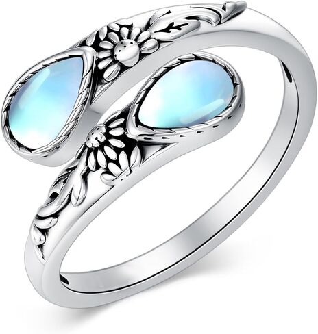 White Gold Plated Teardrop Moonstone Open Ring for Women Vintage Wrap Ring in Saudi Arabia