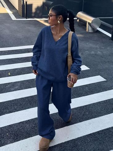 Womens 2 Piece Set Lounge Outfits - Long Sleeve Pullover Sweatsuit Wide Leg Pants with Pockets Tracksuit Jogger Loungewear in Kuwait