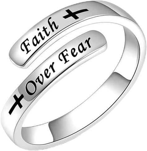 Faith Over Fear Cross Inspirational Rings, S925 Silver Adjustable Tiny Purity Christian Wrap Ring Christian Blessed Hope Encouragement Ring Christmas Graduation Cocktail Party Jewelry Gifts for Women in Saudi Arabia