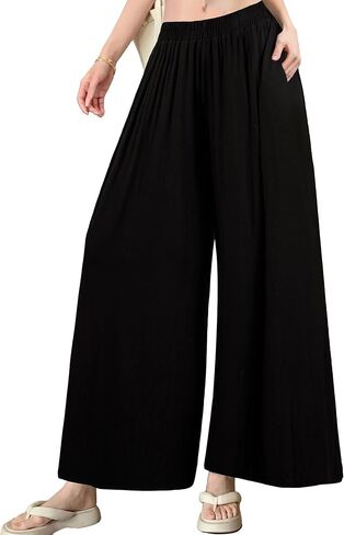 Womens Wide Leg Pants Pockets Loose Palazzo Pants High Waisted Pull On Flowy Stretch Trousers Casual Lounge Bottom in Saudi Arabia