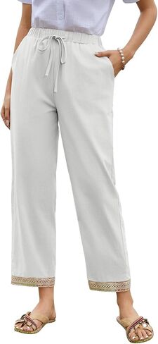 Womens Cotton Linen Pants Lightweight Summer Trousers Wide Leg with Hollow Lace Hem Beach Lounge Pant with Pockets in Saudi Arabia