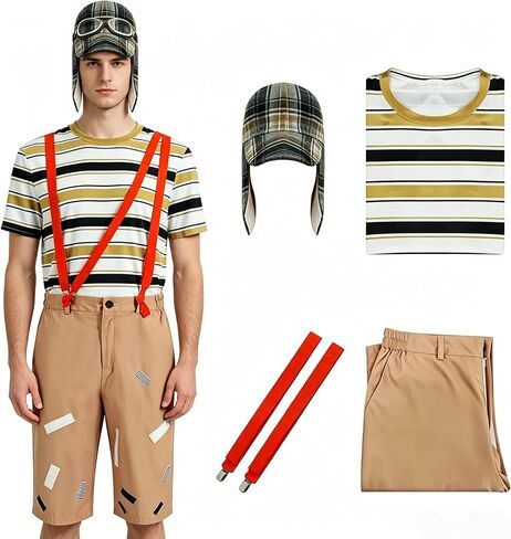Poboola Men's Chavo Costume Stripe T-Shirt Pants Suspenders with Hat Sets Cosplay Uniform Set in Saudi Arabia