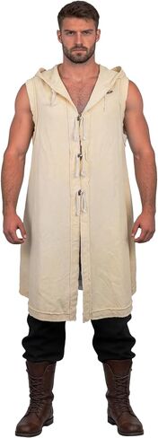 Mens Hooded Sleeveless Cotton Medieval Viking Renaissance Tunic Vest | Long Tabard & Surcoat. Heritage Style. Wooden Toggles. Solo/Layered Wear. Daily, Outdoor, Travel, Ren Faire, LARP, Festivals in Saudi Arabia
