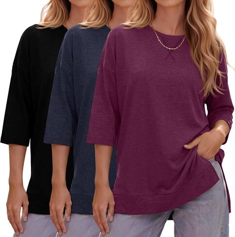 Huukeay 3 Pack Women's 3/4 Sleeve Cotton Tunic Tops Side Slit Loose Fit Round Neck Tee Shirt Casual Basic Blouse for Leggings in Kuwait