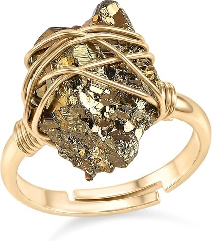 PHNX Genuine Raw Pyrite Stone Ring for Women Men - Gold-Tone Wire Wrapped Adjustable Crystal Finger Ring - Handmade Boho Natural Stone Jewelry, Fits Sizes 6-8 in Saudi Arabia