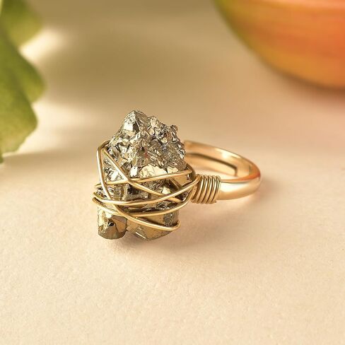 PHNX Genuine Raw Pyrite Stone Ring for Women Men - Gold-Tone Wire Wrapped Adjustable Crystal Finger Ring - Handmade Boho Natural Stone Jewelry, Fits Sizes 6-8 in Saudi Arabia