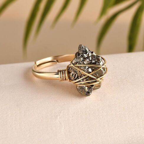 PHNX Genuine Raw Pyrite Stone Ring for Women Men - Gold-Tone Wire Wrapped Adjustable Crystal Finger Ring - Handmade Boho Natural Stone Jewelry, Fits Sizes 6-8 in Saudi Arabia