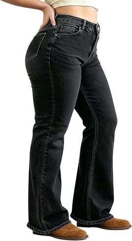 جينز Bootcut بمقاس كبير للنساء، جينز واسع للنساء بخصر عالٍ وقابل للتمدد، جينز للنساء بأرجل واسعة in Kuwait