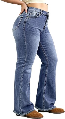 جينز Bootcut بمقاس كبير للنساء، جينز واسع للنساء بخصر عالٍ وقابل للتمدد، جينز للنساء بأرجل واسعة in Kuwait