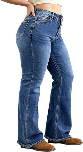 جينز Bootcut بمقاس كبير للنساء، جينز واسع للنساء بخصر عالٍ وقابل للتمدد، جينز للنساء بأرجل واسعة in Kuwait