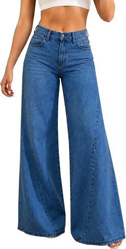 Women's Baggy Wide Leg Jeans High Waisted Casual Loose Flare Bell Bottom Jeans Stretch Denim Pants Streetwear in Saudi Arabia
