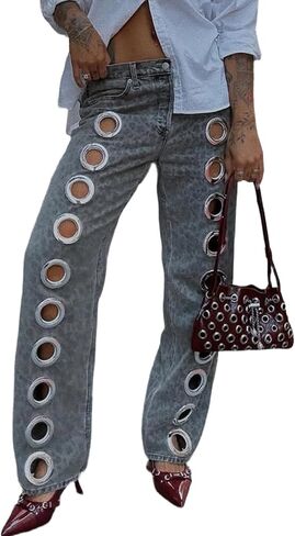 Famnbro Womens Ripped Jeans Y2k Metal Eyelet Cutout High Waisted Wide Leg Baggy Grommet Distressed Denim Pants in Saudi Arabia