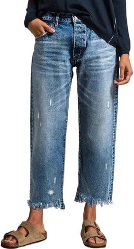 Kinghua Cropped Jeans for Women Straight Leg Capri Frayed Raw Hem Stretchy Denim Ankle Pants with Pockets in Kuwait