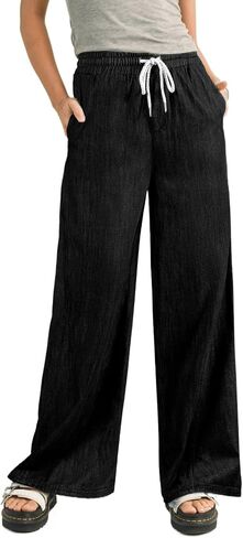 Sidefeel Women's Wide Leg Baggy Jeans High Waisted Elastic Waist Loose Fit Drawstring Long Denim Pants in Kuwait