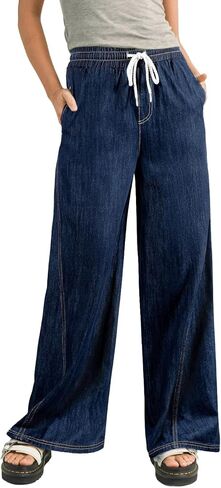 Sidefeel Women's Wide Leg Baggy Jeans High Waisted Elastic Waist Loose Fit Drawstring Long Denim Pants in Kuwait