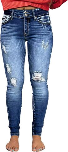 Flamingals Mid Waist Ripped Skinny Jeans for Women Double Button Casual Denim Pants in Kuwait