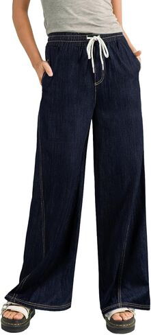 Sidefeel Women's Wide Leg Baggy Jeans High Waisted Elastic Waist Loose Fit Drawstring Long Denim Pants in Kuwait