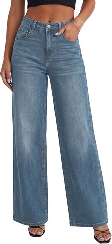 Stretch Straight Leg Jeans for Women Wide Leg 2026 Loose High Waist Baggy Denim Pants with Pockets in Kuwait