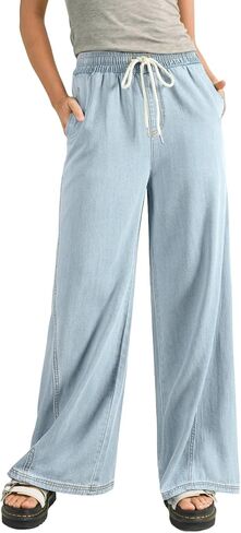 Sidefeel Women's Wide Leg Baggy Jeans High Waisted Elastic Waist Loose Fit Drawstring Long Denim Pants in Kuwait