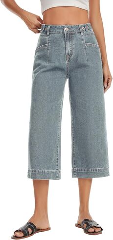 Metietila Capri Jeans for Women Mid Rise Trendy Baggy Stretchy Straight Wide Leg Cropped Denim Jeans Pants with Pockets in Saudi Arabia