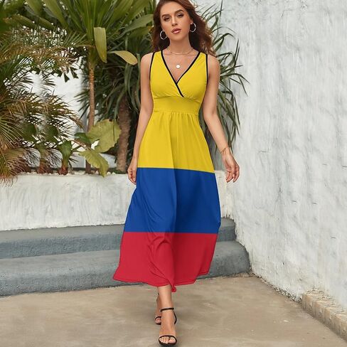 Colombian Flag Women's Fashion Summer V Neck Maxi Dress Loose Sleeveless Tank Dresses S in Saudi Arabia