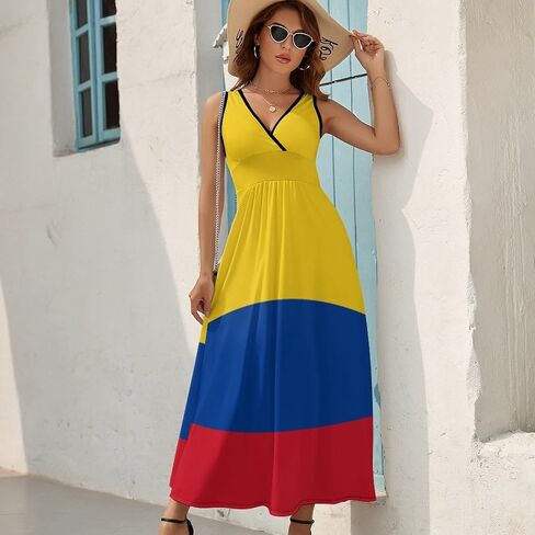 Colombian Flag Women's Fashion Summer V Neck Maxi Dress Loose Sleeveless Tank Dresses S in Saudi Arabia