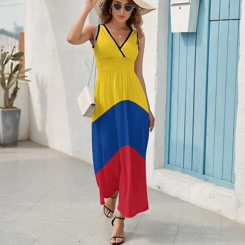 Colombian Flag Women's Fashion Summer V Neck Maxi Dress Loose Sleeveless Tank Dresses S in Saudi Arabia