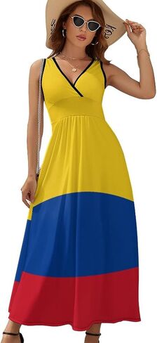 Colombian Flag Women's Fashion Summer V Neck Maxi Dress Loose Sleeveless Tank Dresses S in Saudi Arabia