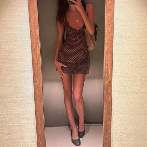 Women's Polka Dot Mini Dress Vintage V Neck Sexy Spaghetti Strap Bodycon Summer Dress Streetwear for Date Night Brown (M) in Kuwait