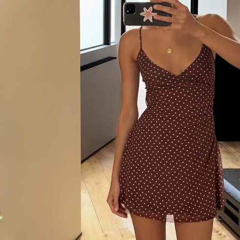 Women's Polka Dot Mini Dress Vintage V Neck Sexy Spaghetti Strap Bodycon Summer Dress Streetwear for Date Night Brown (M) in Kuwait