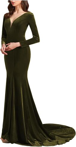 Velvet Formal Dresses for Women Long Sleeve Prom Dresses Floor Length V Neck Mermaid Evening Gowns with Train in Saudi Arabia