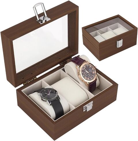 PH PandaHall Watch Case for Men, 3 Slot Watch Display Box Wooden Watches Storage Box Organizer with Large Glass Lid for Watch Home Travel Ofiice Gift Organizer Display, 6.7x4.7x3.2 inch in Kuwait